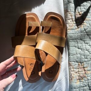 Diba Tan/Cognac Leather Cross-Strap Slide Sandals